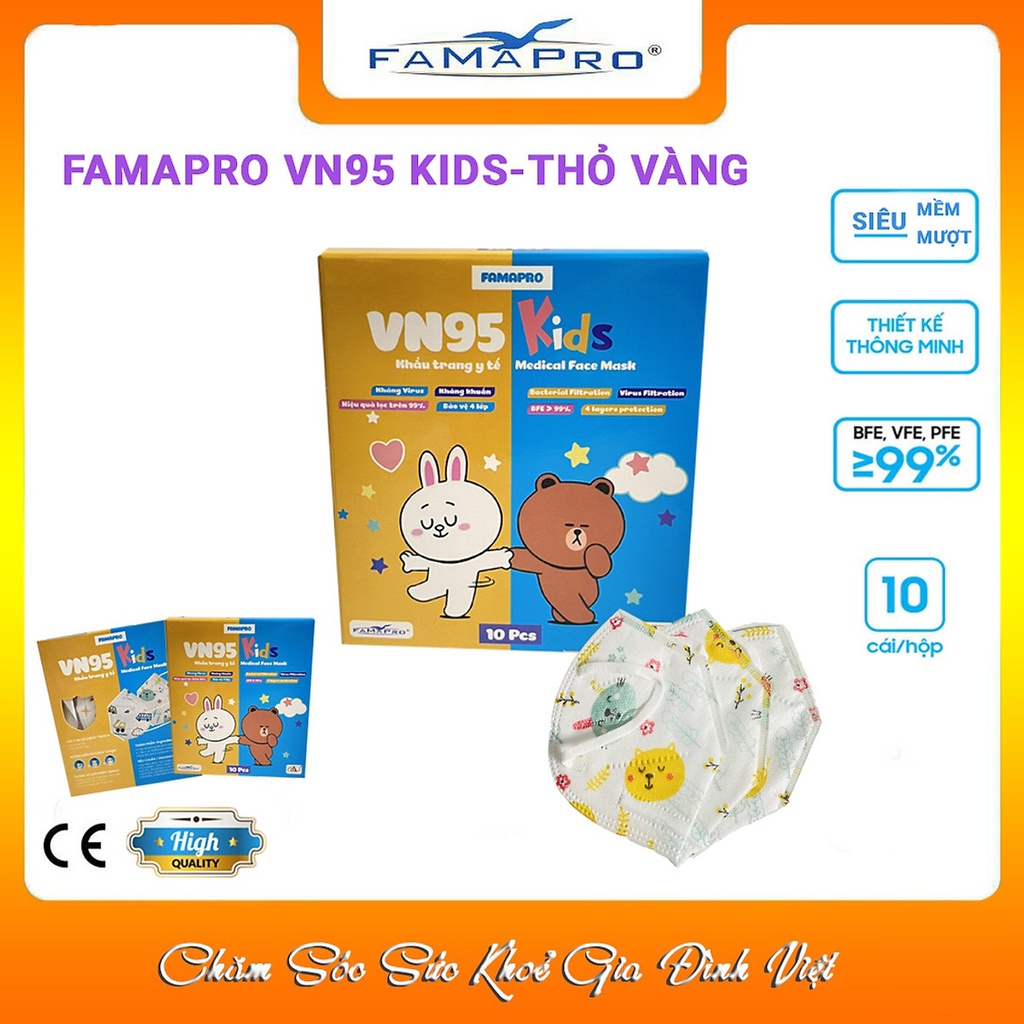Hộp 10 Khẩu Trang Y Tế Kháng Khuẩn 4 Lớp Cho Trẻ Em Famapro VN95 KID - Khẩu Trang Cho Bé Lọc Bụi Mịn VN95