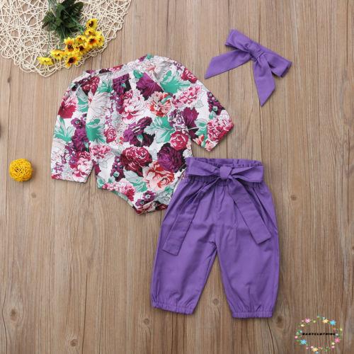 Set jumpsuit hoa + quần dài + băng đô dễ thương cho bé gái