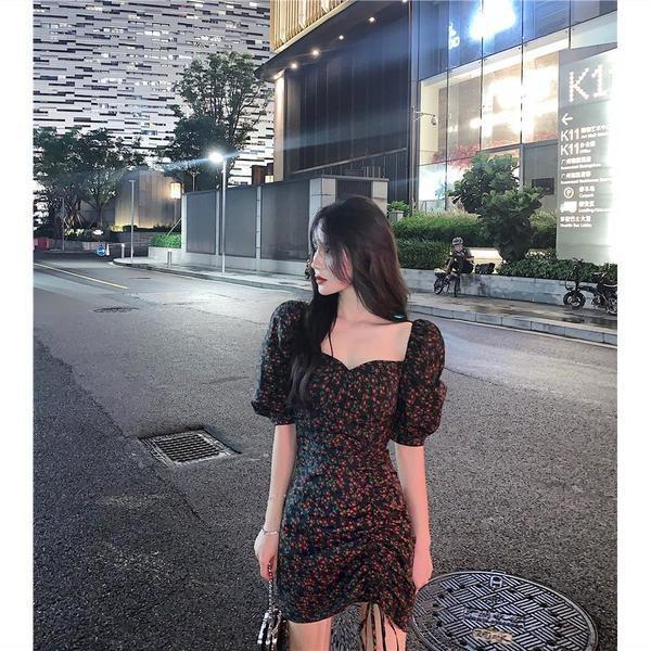 Đầm tay phồng cổ vuông in họa tiết hoa phối dây rút thời trang dành cho nữ