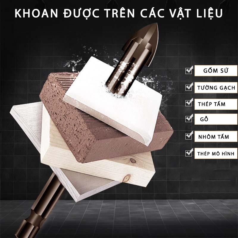 Mũi Khoan Đa Năng Đầu 4 Cạnh Chuôi Lục Khoan Tường, Khoan Kính, Khoan Gạch Men