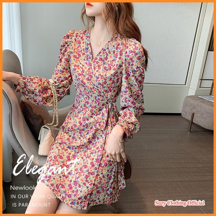 Đầm Dự Tiệc Chất Voan Hoa Nhí Thắt Eo Chéo Tay Phồng Ulzzang | BigBuy360 - bigbuy360.vn