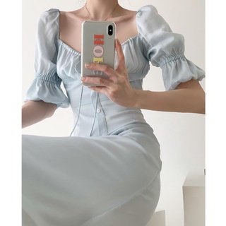 Đầm Cổ Vuông Tay Lỡ Phối Dây Rút Màu Xanh Dương Thời Trang Mùa Hè Hàng Mới Dành Cho Bạn Nữ