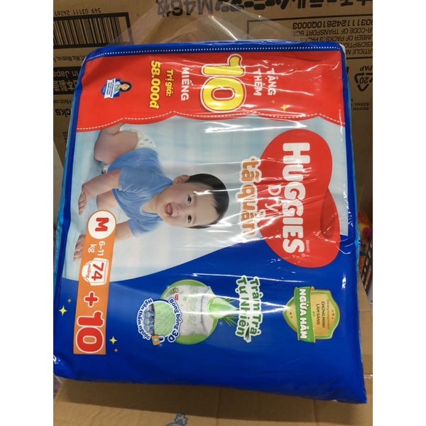 Tã quần Huggies Dry  tràm trà  siêu  cộng miêng  M74 + 10 miếng/L68/XL62/XXL56 + Tặng 8 miếng