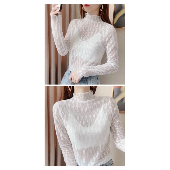 Áo Thun Nữ Tay Dài Phối Ren Xuyên Thấu