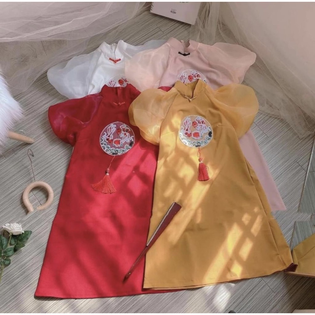Đầm tết thêu họa tiết 3D cổ tàu phối tay lưới bồng bềnh xinh xắn thời trang tết [ TẾT 3D]