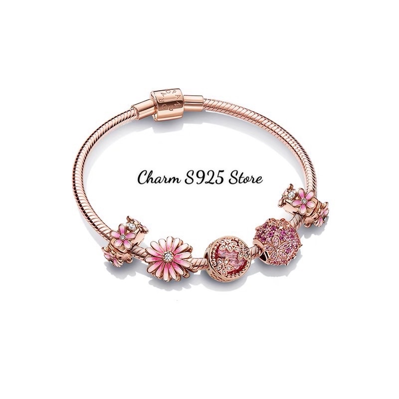 combo bộ vòng tay mềm Ale mix 5 hạt charm pan hoa cúc màu hồng bạc s925 cao cấp