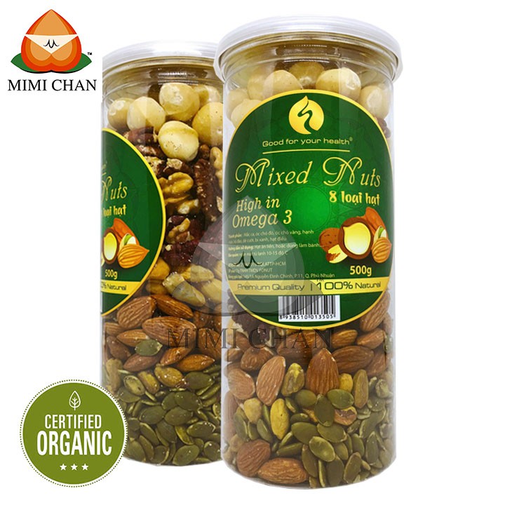 Hộp Mix Nhân 8 Loại Hạt Đã Tách Vỏ 500gr, Hạnh Nhân, Mắc Ca, Óc Chó Đỏ Vàng, Hạt Điều, Dẻ Cười, Hồ Đào, Bí Xanh, Macca