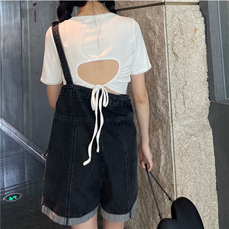 Xiaozhainv Quần yếm denim ống rộng lưng cao phong cách retro Hàn Quốc cho nữ | BigBuy360 - bigbuy360.vn