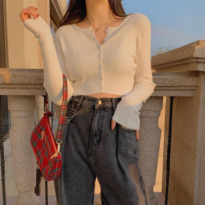 Áo thun Croptop ôm body Tay Dài nữ khuy cúc phong cách Ulzzang,Áo khoác nhẹ kiểu dáng croptop cá tính | BigBuy360 - bigbuy360.vn