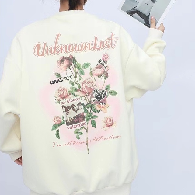 ZHELIHANGFEI Áo Sweater Tay Dài Dáng Rộng In Hình Hoa Hồng Kiểu Retro