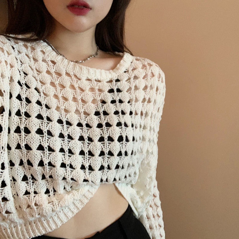 Áo thun trắng IELGY tay dài khoét lỗ phong cách Hàn Quốc dành cho nữ