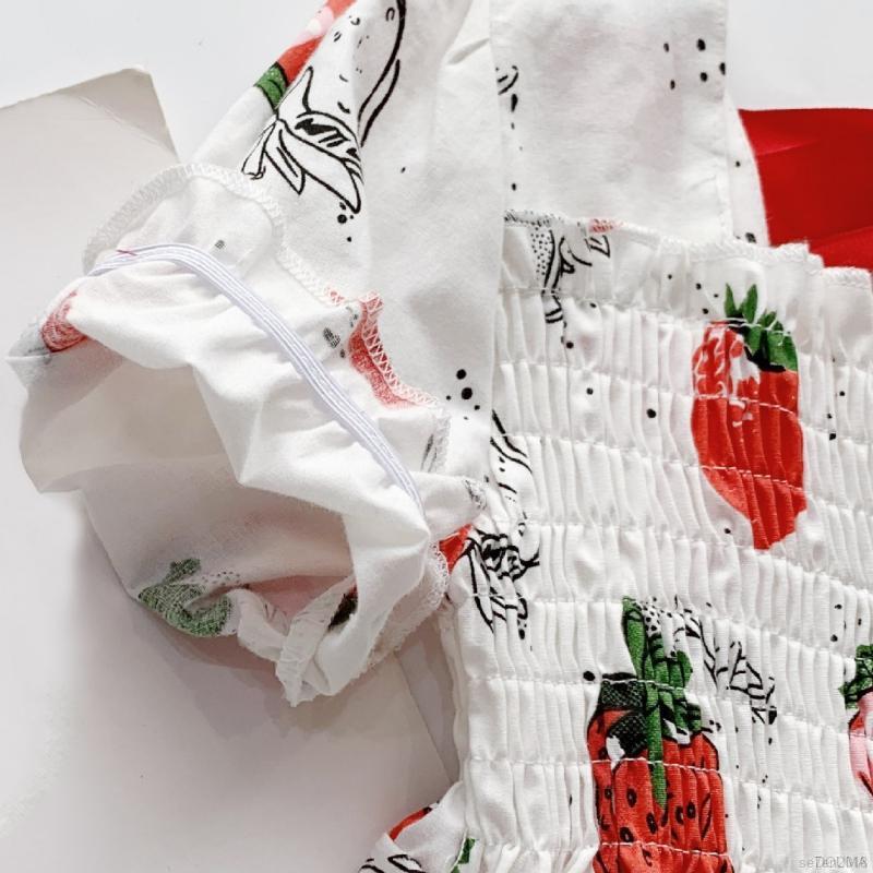 Đầm Tay Phồng Phối Nơ Họa Tiết Dâu Tây Đáng Yêu Cho Bé Gái