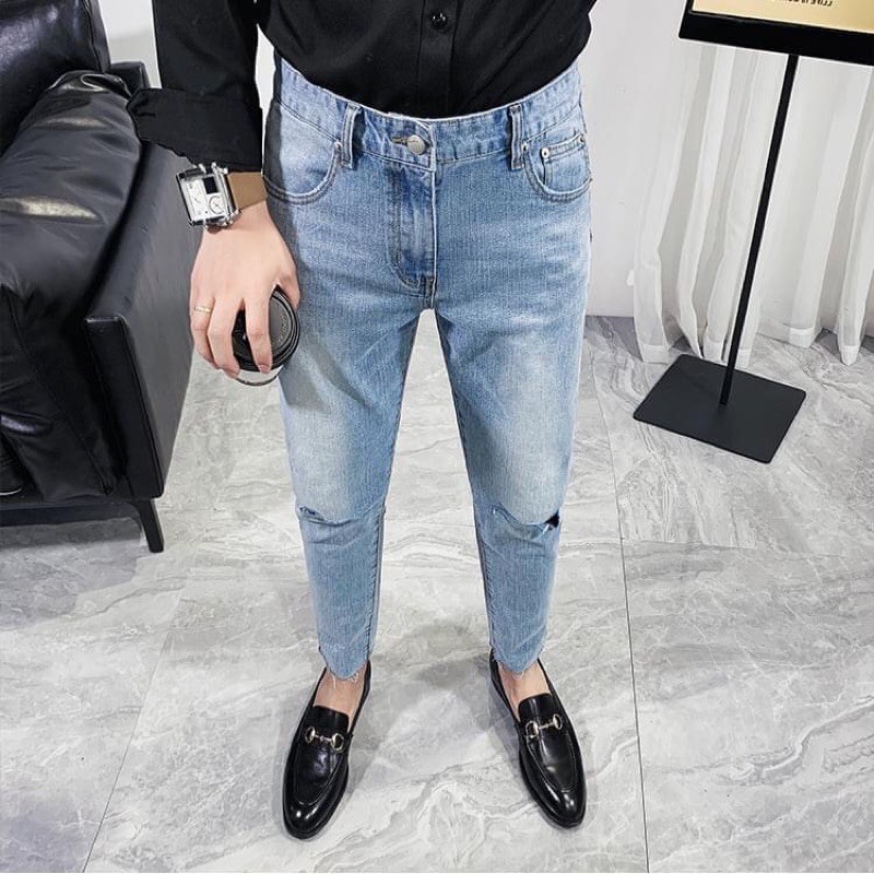 Quần Jean Nam Skinny Chất Bò Cao Cấp Dáng Ôm Nhẹ Kiểu Năng Động Hàn Quốc- 896T Rách Gối màu xanh