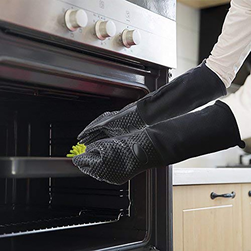 Extra Long Professional Silicone Oven Mitt, Heat Resistant Cooking Glove With Internal Cotton For Kitchen,Bbq,Baking,Grill - Black