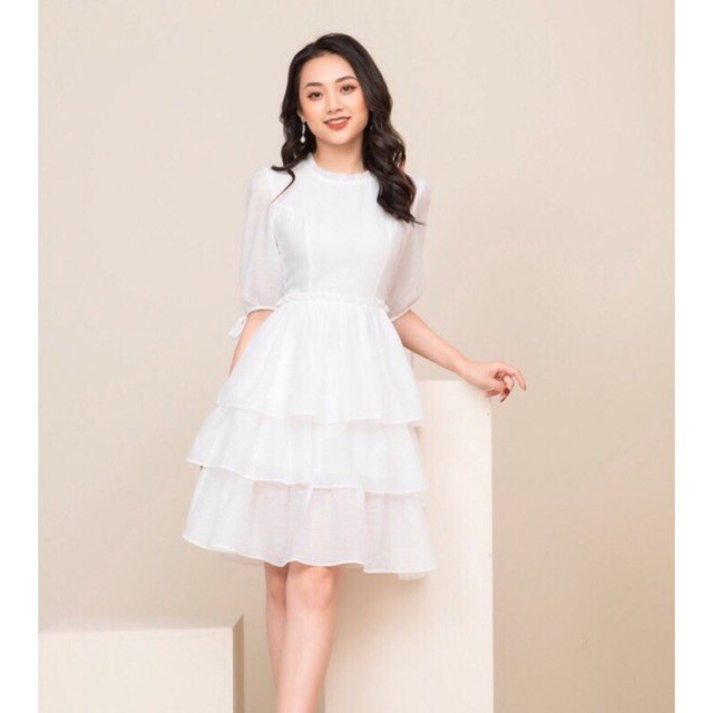 Đầm voan xoè 3 tầng tay cột nơ cổ bèo ( Đỏ, Trắng, Hồng ) | BigBuy360 - bigbuy360.vn