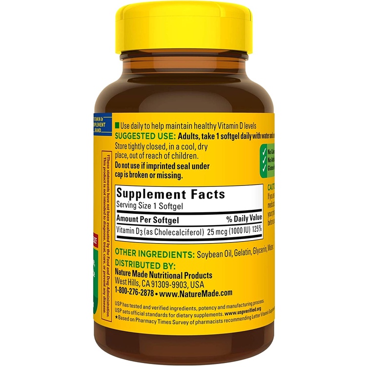 Viên uống bổ sung Vitamin D3 Nature Made D3 1000 IU 300 viên DATE 2025