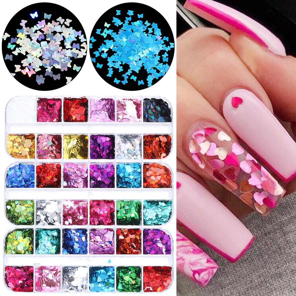 Hộp 12 Ngăn Sequin Hình Trái Tim 3D Lấp Lánh Dùng Trang Trí Móng Nghệ Thuật DIY