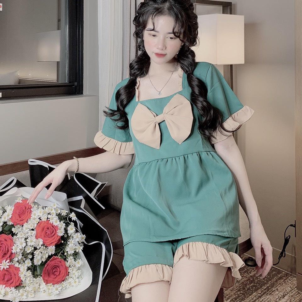 Bộ đồ, bộ Pijama lụa ngắn tay phối nơ, cổ vuông siêu xinh, siêu mềm mại