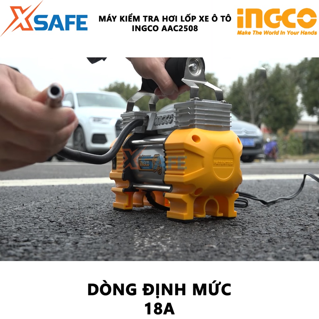 Máy bơm hơi lốp xe ô tô INGCO AAC2508 12V, dây nguồn 3m, ống dẫn khí 5m với đầu thay nhanh, có đầu gắn xe hơi, 3 đèn LED