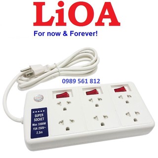 Ổ cắm kéo dài 3300W 15A 250V~ LiOA 6SS2.5-2, 6 ổ cắm, 3 công tắc, dây 2.5m