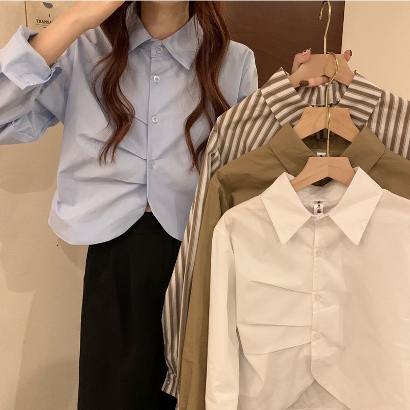 QADCOL Áo Kiểu Tay Dài Thiết Kế Xếp Ly Phong Cách Hàn Quốc