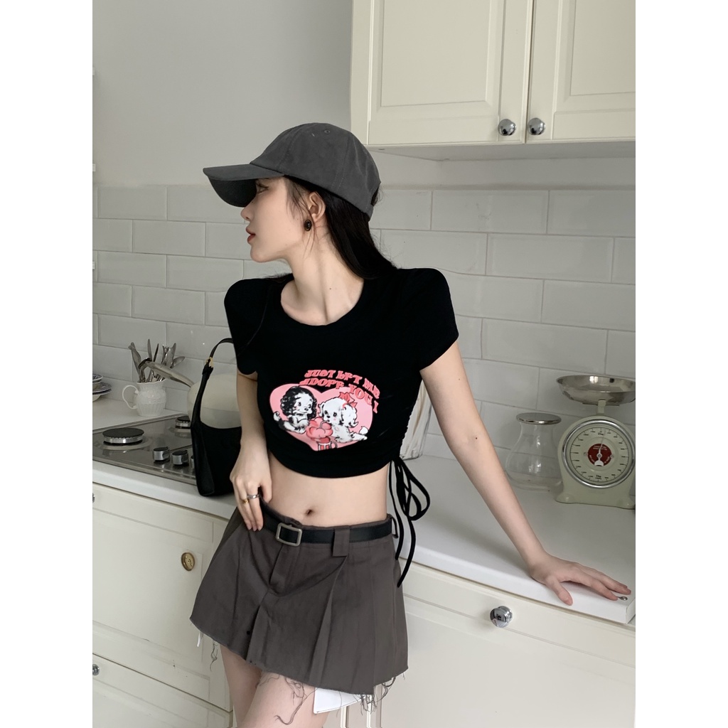 Áo Thun Croptop Cột Dây Dáng Ôm In Hoạt Hình Thời Trang Quyến Rũ Cho Nữ
