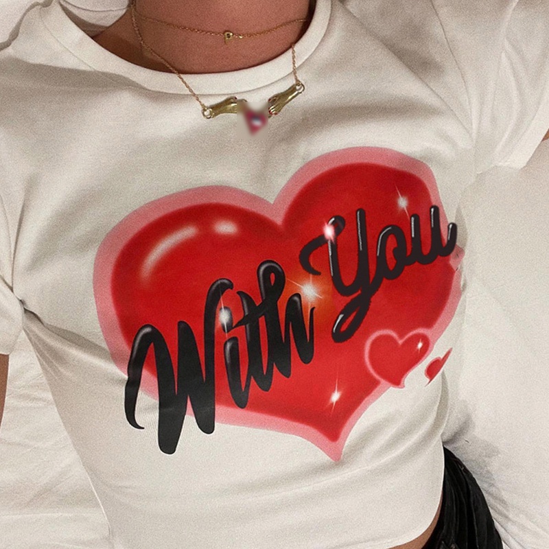 Áo Thun Crop Top Tay Ngắn Cổ Tròn In Họa Tiết Trái Tim Và Chữ Phong Cách Harajuku Những Năm Lễ Tình Nhân Thời Trang Cho Nữ Thập Niên 90