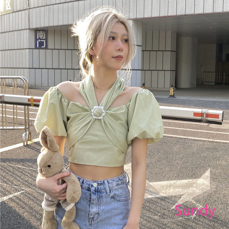 Áo Croptop Trễ Vai Hở Lưng Phong Cách Pháp Cổ Điển