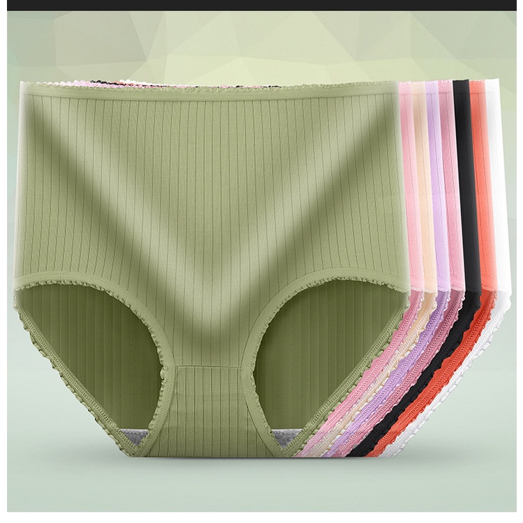Cute Byte Quần Lót Cotton Lưng Cao Phối Ren Màu Trơn Dễ Thương Cho Nữ