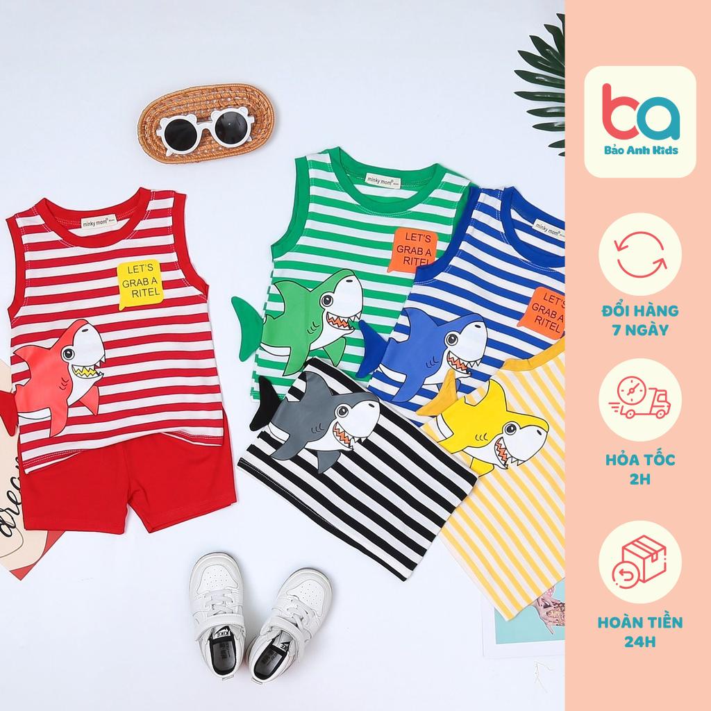 Bộ Ba Lỗ Bé Trai Bé Gái Minky Mom Vải Thun Lạnh In Hình Baby Shark 3D Kẻ Sọc Dễ Thương, Bộ Quần Áo Cho Bé BL-CA1
