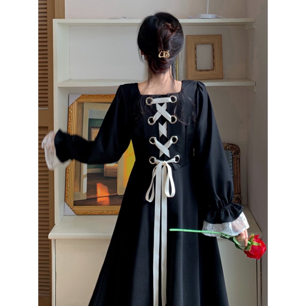 (ORDER) Váy/đầm dài tay kiểu Pháp vintage thắt nơ sau lưng phối tầng đen trắng style công chúa