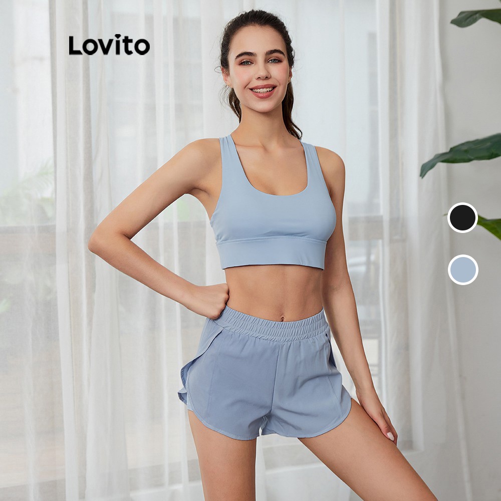 Quần Short Mặc Ở Nhà Lovito L03047 Có Túi 2 Trong 1 Lưng Co Giãn Tự Nhiên Dáng Rộng Màu Trơn Đơn Giản (Xanh Dương)