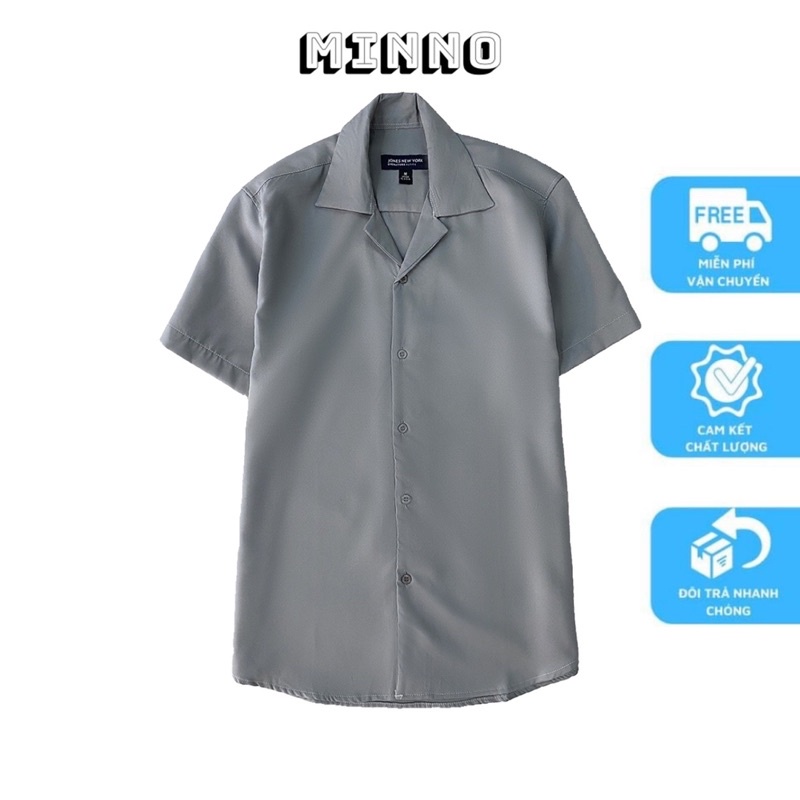 Áo sơ mi đen MINNO cổ Vest ngắn tay form rộng unisex nam nữ vải lụa SM01