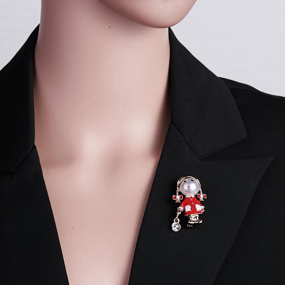 Ghim cài áo BELLA-BEE tráng men kiểu cô gái ngọc trai nhân tạo mặc đầm đỏ dễ thương làm quà tặng sinh nhật tiệc tùng
