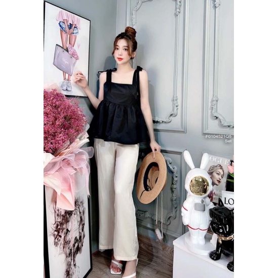 Set áo babydoll 2 dây bản phối quần đũi suông hàng Quảng Châu 0104