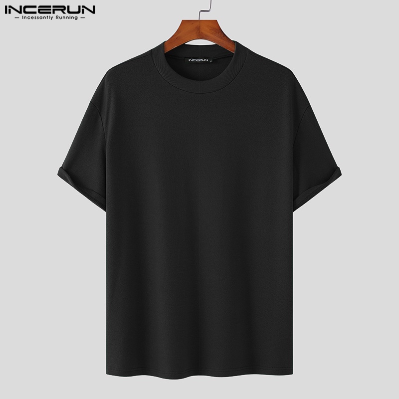 Áo thun INCERUN tay ngắn cổ tròn màu trơn đơn giản thời trang cho nam