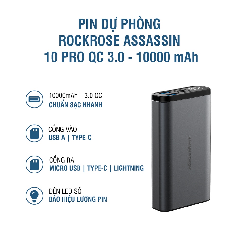 Sạc Dự Phòng 10000mAh ROCKROSE Assassin 10 Pro QC 3.0 - Cổng USB A/ Type C Sạc Nhanh Cho Iphone/ Android