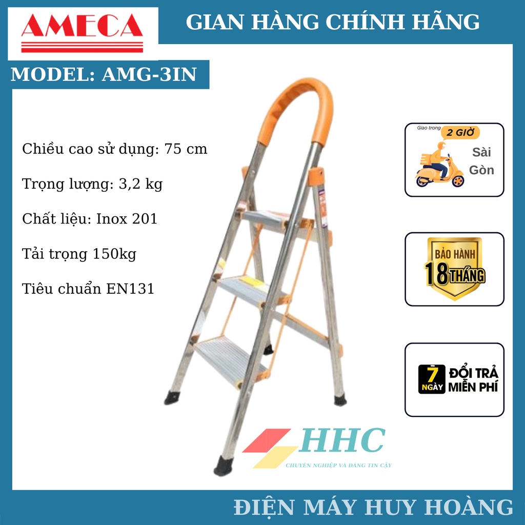 Thang nhôm xếp, thang ghế inox tay vịn 3 bậc Ameca AMG-3IN