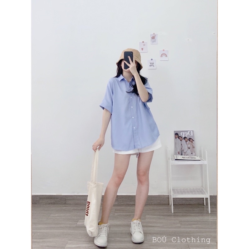 Set sơmi khuy lưng sọc nhuyễn + short trắng dành cho nữ (Ảnh thật)