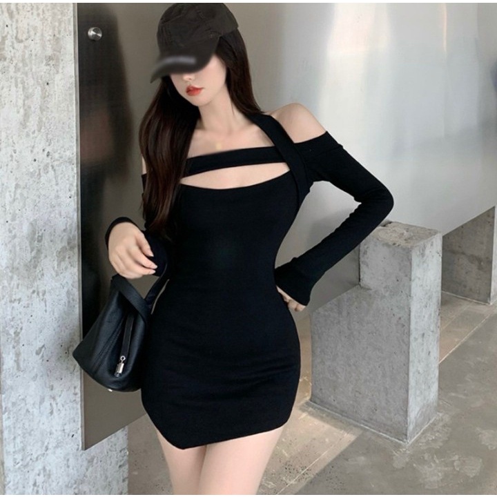Đầm ôm body tà xéo trễ vai phối dây choàng cổ chất thun Borip dầy dặn co giãn tốt Cam kết hàng Y Hình ( Size 40-53kg )
