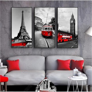 Tranh treo tường ghép bộ hiện đại VTC phong cảnh Pari and London đen đỏ ooopic_16909466 KT 30 x 60 x 3