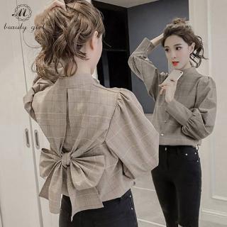 Áo Sơ Mi Nữ Dài Tay Cổ Bẻ Kẻ Sọc Vuông Thời Trang Hàn