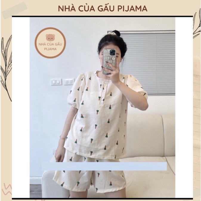 Bộ Ngủ Đũi Khô Kèm Buộc Tóc. Bộ thun mặc nhà bánh bèo tiểu thư .Set đồ mùa hè chất đũi khô mỏng mát