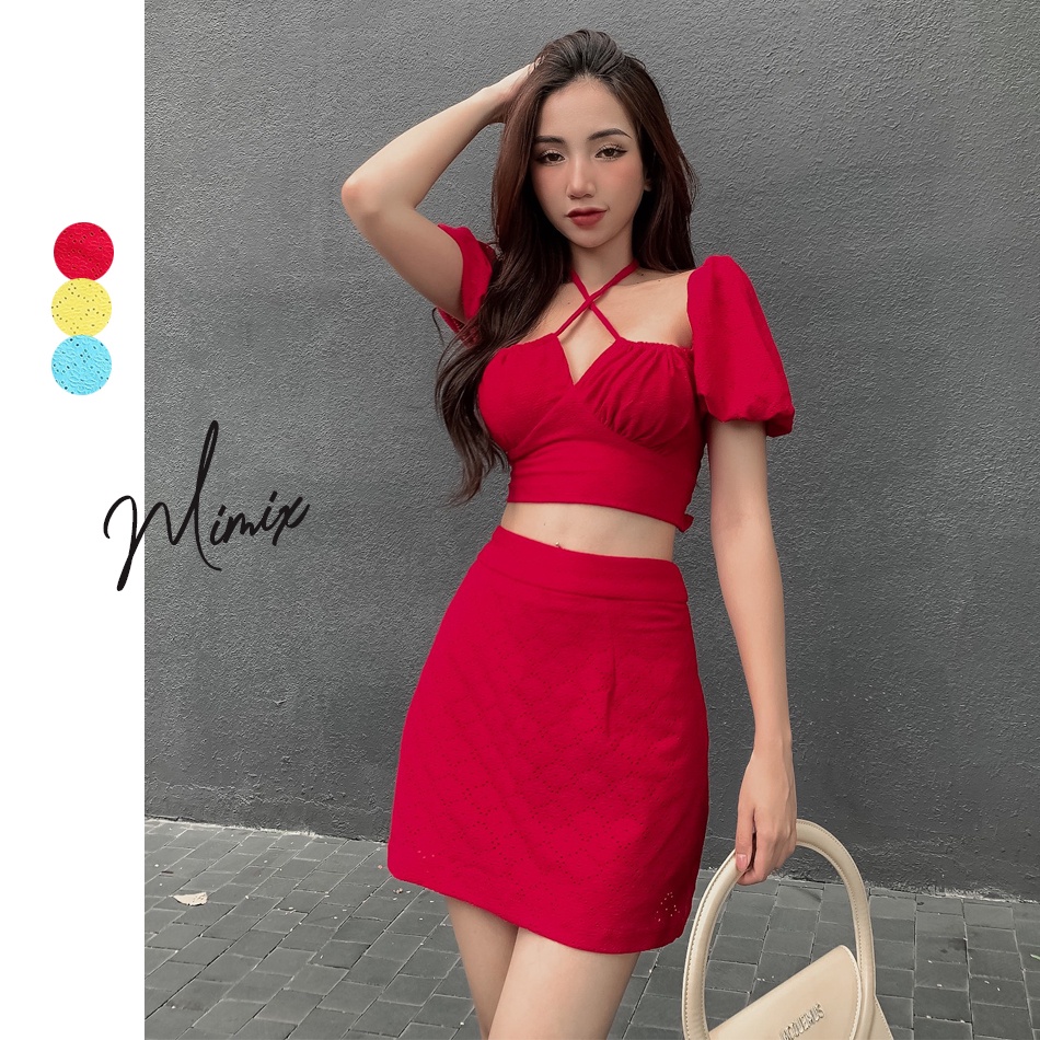 Set bộ rời áo croptop kèm chân váy hoa thêu MIMIX CA7195