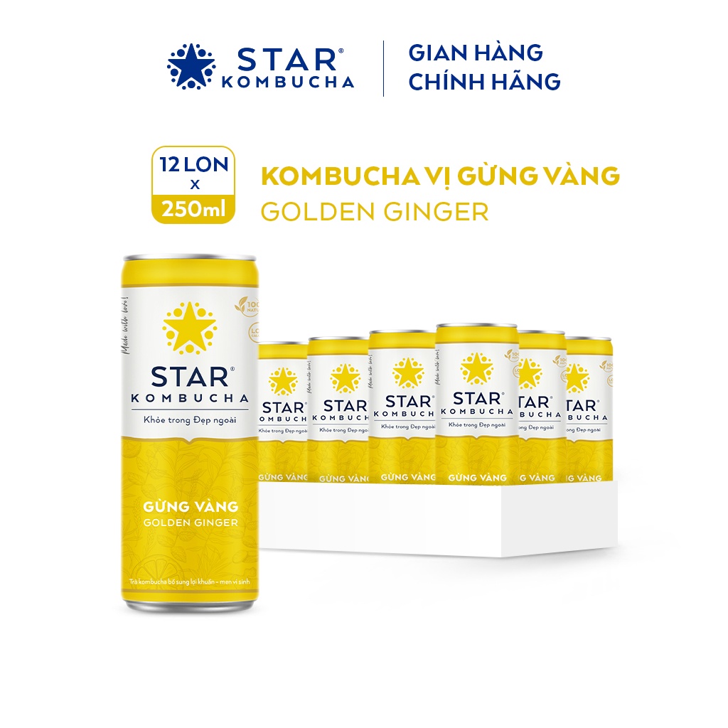 Thùng 12 lon STAR KOMBUCHA Gừng Vàng/ Golden Ginger (250ml/lon) - Trà lên men vi sinh chứa probiotics