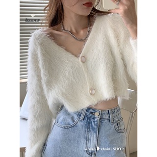 [ảnh thật][áo croptop cỗ xẻ dài tay lông trắng]