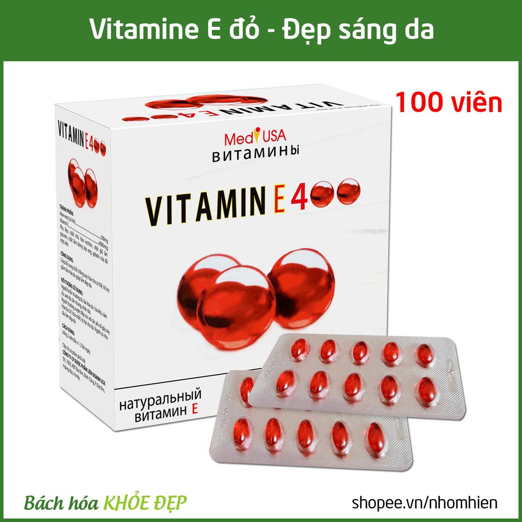 [Mã 77FMCGSALE1 giảm 10% đơn 250K] Viên uống đẹp da Vitamin E400 E Đỏ 4000mcg, Aloe vera 500mg - Hộp 100 viên