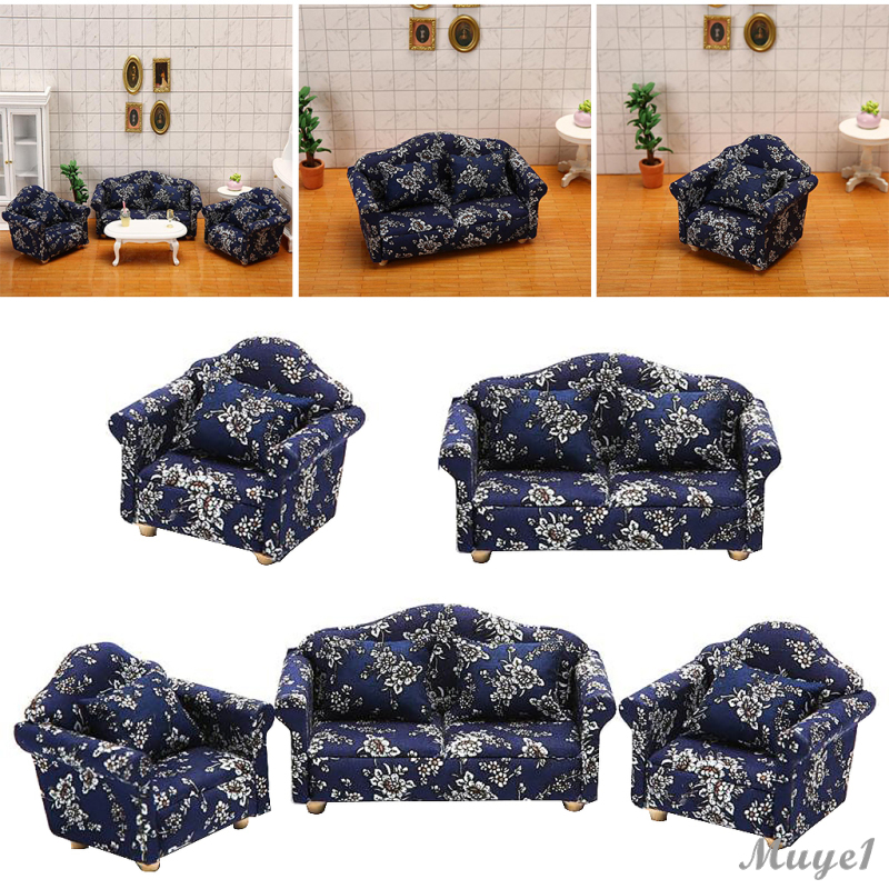 1/12 Scale Doll House Wood Mini Upholstered Double/Single Sofa Armchair and Cushion Home Living Room Furniture Decoration Blue