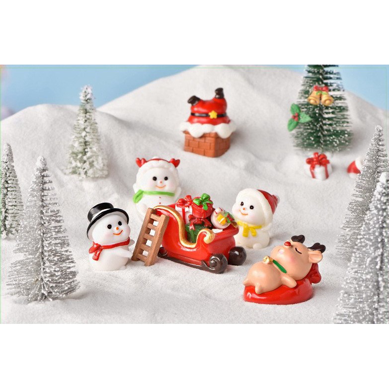 Mô hình người tuyết, ông già Noel, tàu hoả đỏ, tuần lộc, xe kéo trang trí tiểu cảnh giáng sinh, terrarium christmas