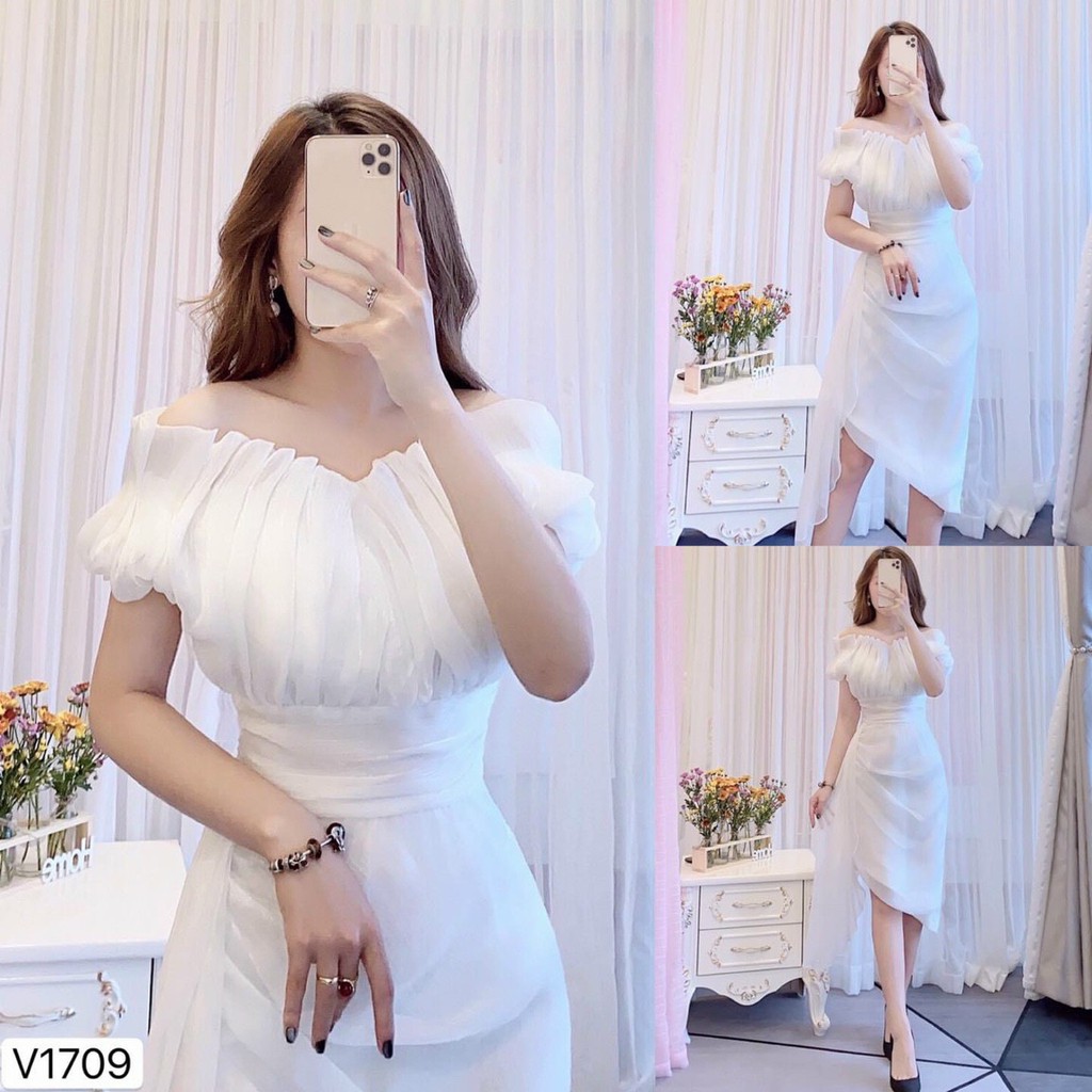 [video thật] Đầm trắng đi tiệc chất voan cao cấp dáng ôm bẹt vai tạo điểm nhấn freesize kimhoa77